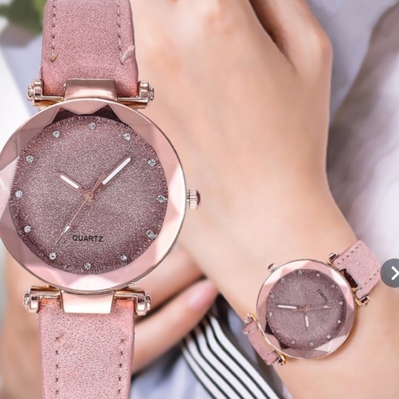 Accessories - Rose Gold & Pink Quartz Watch Man made Leather Strap Rhinestones for numbers